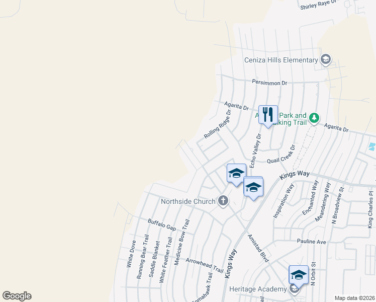 map of restaurants, bars, coffee shops, grocery stores, and more near 108 Rolling Ridge Drive in Del Rio