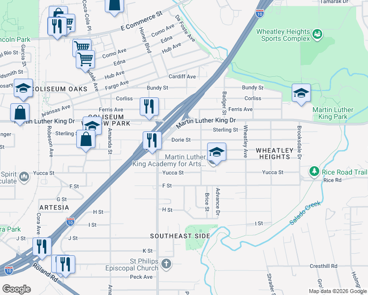 map of restaurants, bars, coffee shops, grocery stores, and more near 271 Dorie Street in San Antonio