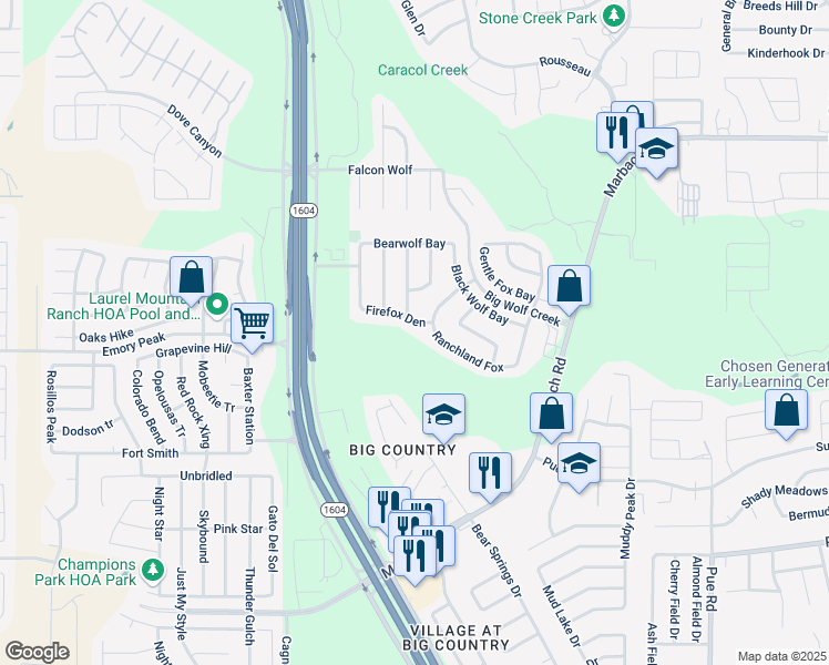 map of restaurants, bars, coffee shops, grocery stores, and more near 10806 Firefox Den in San Antonio