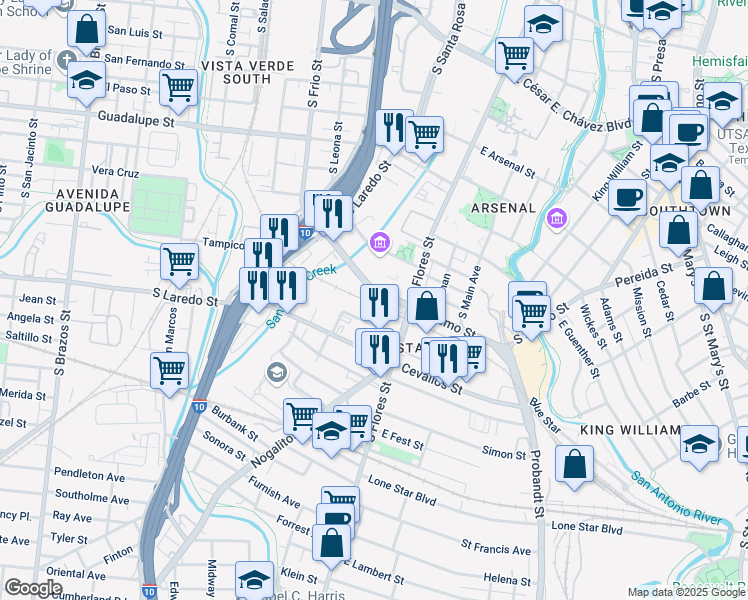 map of restaurants, bars, coffee shops, grocery stores, and more near 1911-1959 South Alamo Street in San Antonio