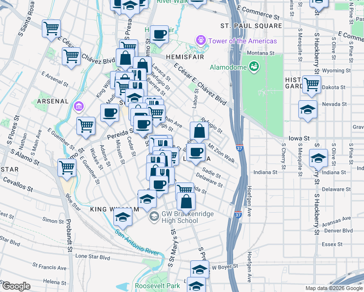 map of restaurants, bars, coffee shops, grocery stores, and more near 308 Leigh Street in San Antonio