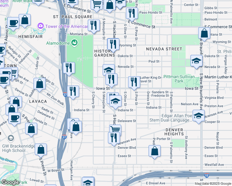 map of restaurants, bars, coffee shops, grocery stores, and more near in San Antonio