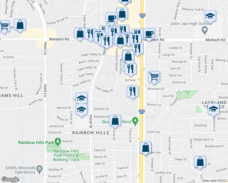 map of restaurants, bars, coffee shops, grocery stores, and more near 2102 Hollow Circle in San Antonio