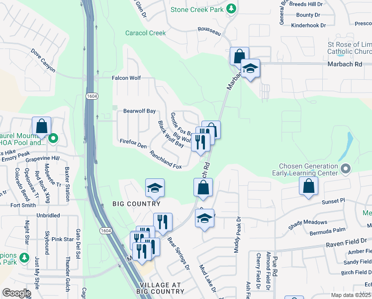 map of restaurants, bars, coffee shops, grocery stores, and more near 10615 Black Wolf Bay in San Antonio