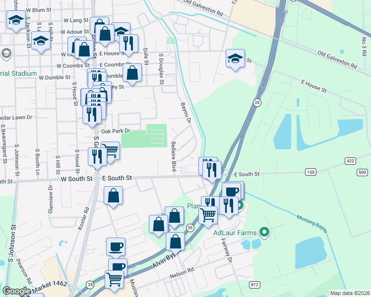 map of restaurants, bars, coffee shops, grocery stores, and more near 707 Briargrove Drive in Alvin