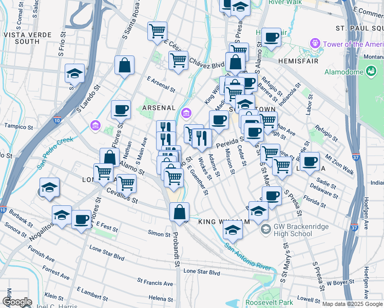 map of restaurants, bars, coffee shops, grocery stores, and more near 521 Madison in San Antonio