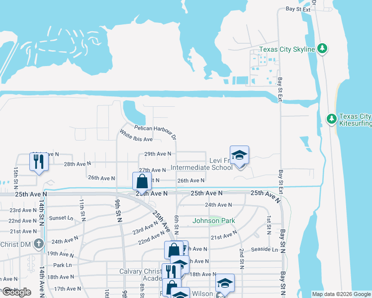 map of restaurants, bars, coffee shops, grocery stores, and more near 510 29th Avenue North in Texas City