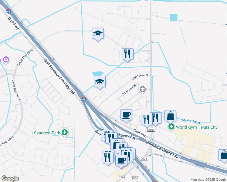 map of restaurants, bars, coffee shops, grocery stores, and more near 11332 32nd Avenue North in Texas City