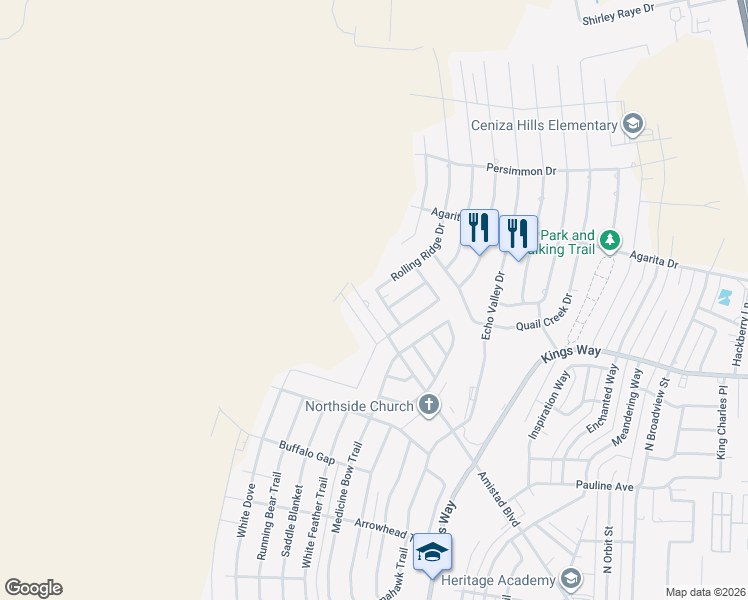 map of restaurants, bars, coffee shops, grocery stores, and more near 108 Rolling Ridge Drive in Del Rio