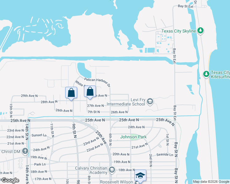 map of restaurants, bars, coffee shops, grocery stores, and more near 510 29th Avenue North in Texas City