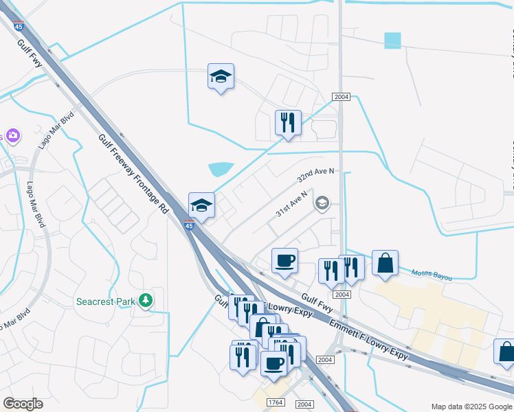 map of restaurants, bars, coffee shops, grocery stores, and more near 11332 32nd Avenue North in Texas City
