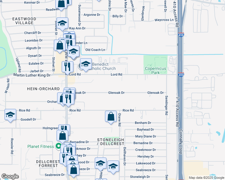 map of restaurants, bars, coffee shops, grocery stores, and more near 257 Glenoak Drive in San Antonio