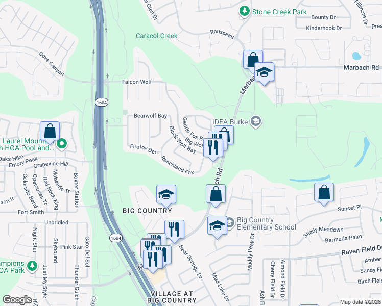 map of restaurants, bars, coffee shops, grocery stores, and more near 10626 Black Wolf Bay in San Antonio