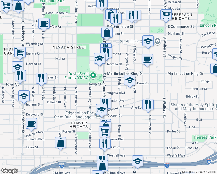 map of restaurants, bars, coffee shops, grocery stores, and more near 201 Dilworth Street in San Antonio