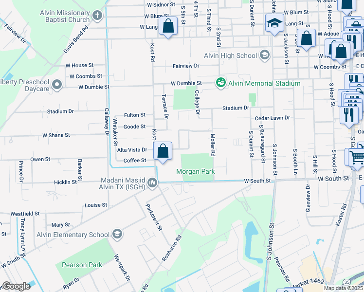 map of restaurants, bars, coffee shops, grocery stores, and more near 1523 Highland Drive in Alvin