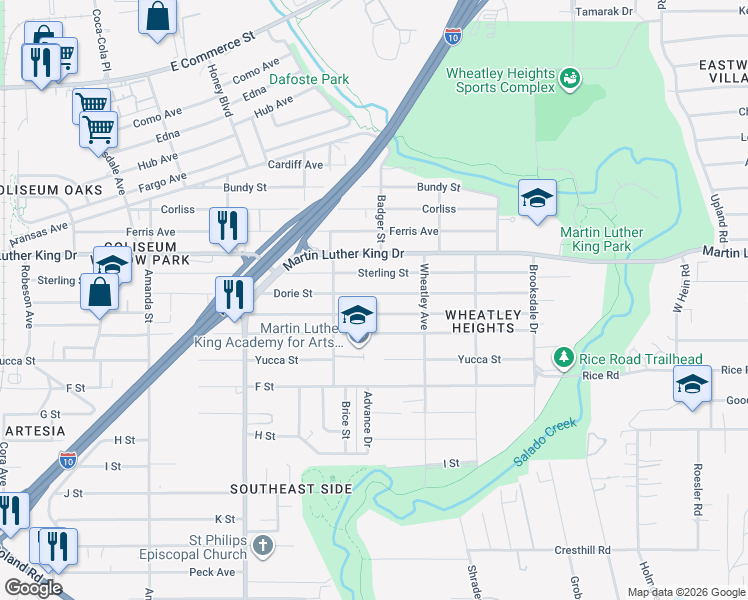 map of restaurants, bars, coffee shops, grocery stores, and more near 351 Dorie Street in San Antonio