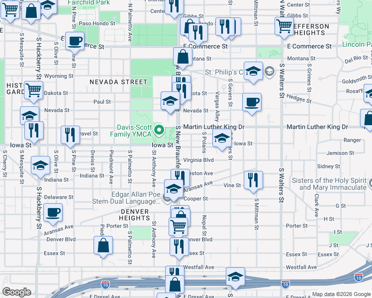 map of restaurants, bars, coffee shops, grocery stores, and more near 201 Dilworth Street in San Antonio