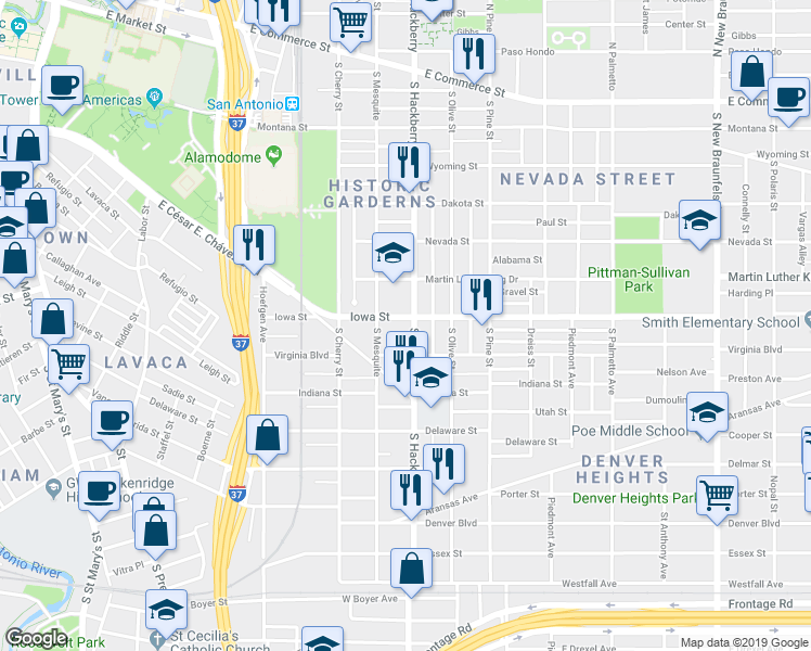 map of restaurants, bars, coffee shops, grocery stores, and more near in San Antonio