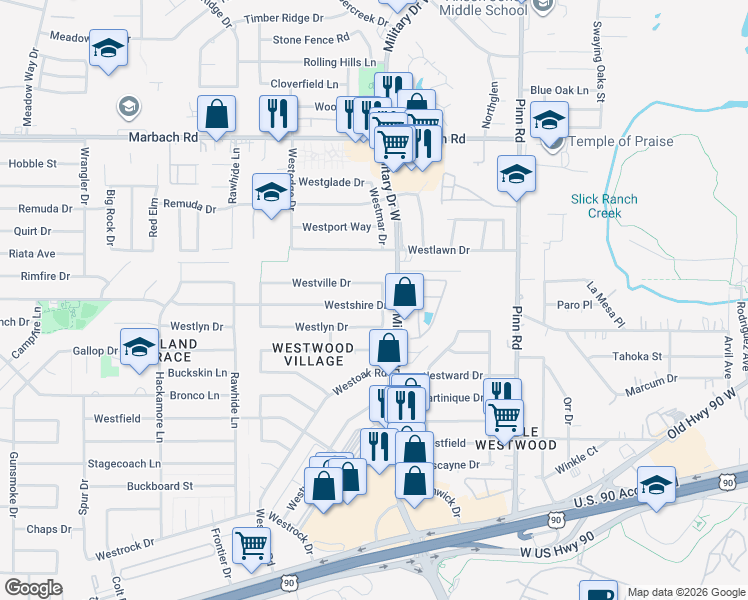 map of restaurants, bars, coffee shops, grocery stores, and more near 2010 Westmar Drive in San Antonio
