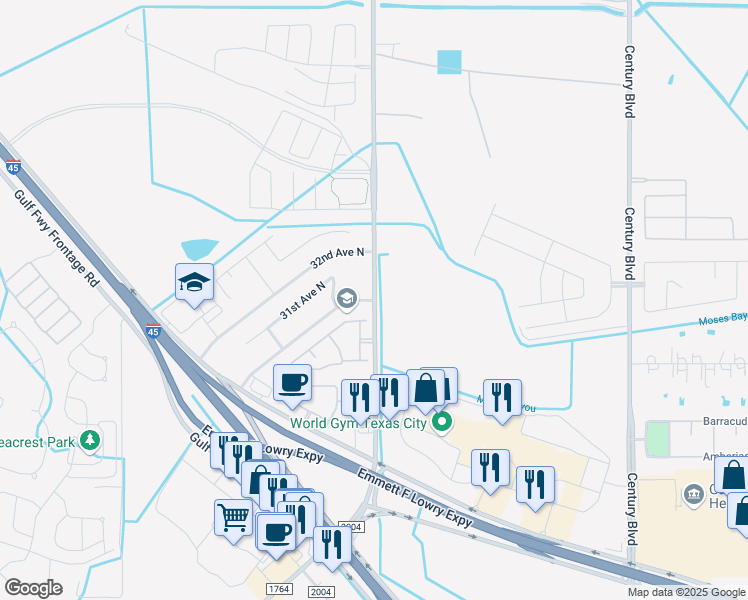 map of restaurants, bars, coffee shops, grocery stores, and more near 2701 Farm to Market 2004 in Texas City