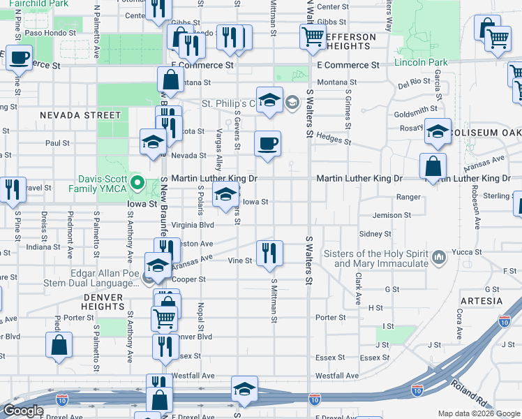 map of restaurants, bars, coffee shops, grocery stores, and more near 502 Meerscheidt Street in San Antonio