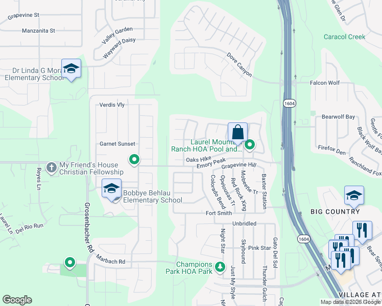 map of restaurants, bars, coffee shops, grocery stores, and more near 11339 Camp Creek Trail in San Antonio