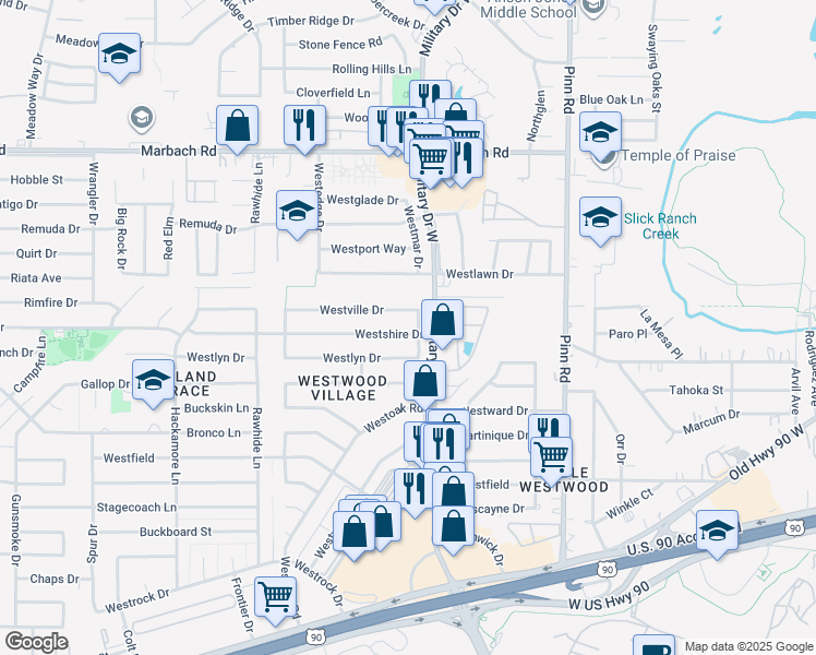 map of restaurants, bars, coffee shops, grocery stores, and more near 2010 Westmar Drive in San Antonio
