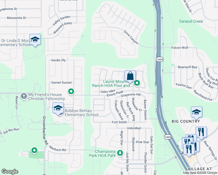 map of restaurants, bars, coffee shops, grocery stores, and more near 11302 Camp Creek Trail in San Antonio