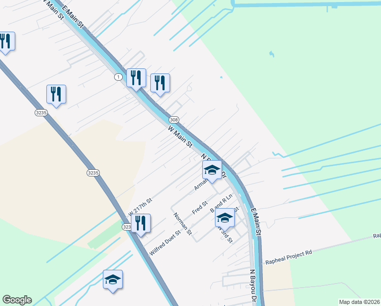 map of restaurants, bars, coffee shops, grocery stores, and more near West 215th Place in Galliano