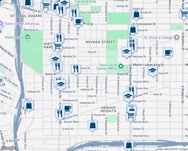 map of restaurants, bars, coffee shops, grocery stores, and more near 928 Iowa Street in San Antonio