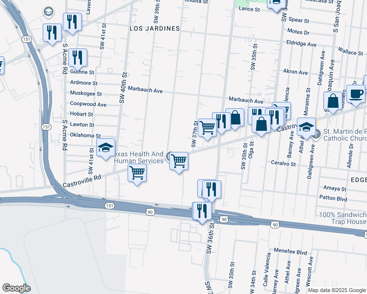 map of restaurants, bars, coffee shops, grocery stores, and more near 2515 Castroville Road in San Antonio