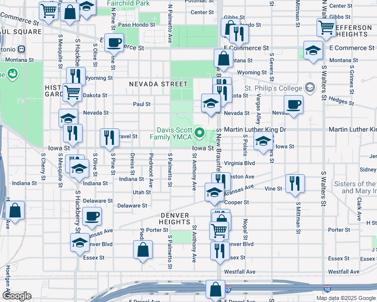 map of restaurants, bars, coffee shops, grocery stores, and more near 1138 Iowa Street in San Antonio