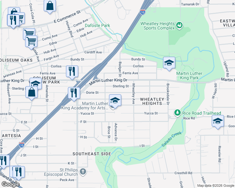 map of restaurants, bars, coffee shops, grocery stores, and more near 351 Dorie Street in San Antonio