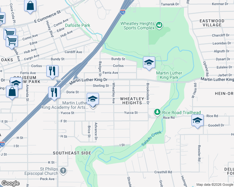 map of restaurants, bars, coffee shops, grocery stores, and more near 427 Dorie Street in San Antonio