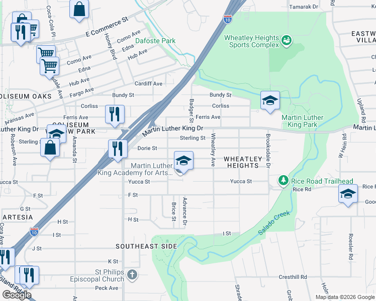 map of restaurants, bars, coffee shops, grocery stores, and more near 351 Dorie Street in San Antonio