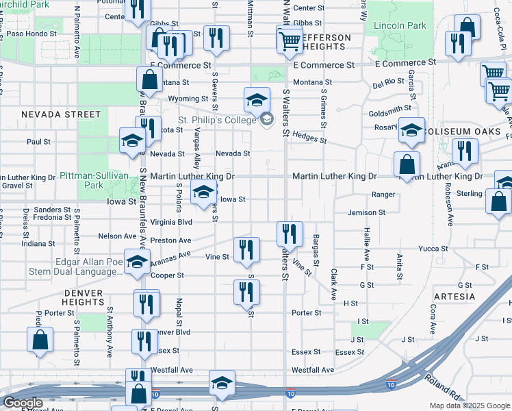 map of restaurants, bars, coffee shops, grocery stores, and more near 2 Iowa Street in San Antonio