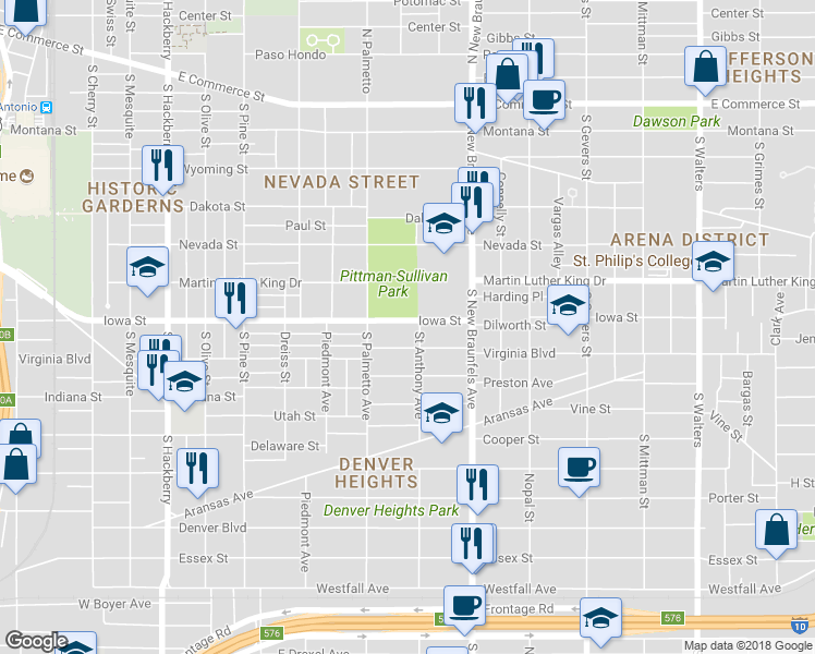 map of restaurants, bars, coffee shops, grocery stores, and more near 1118 Iowa Street in San Antonio