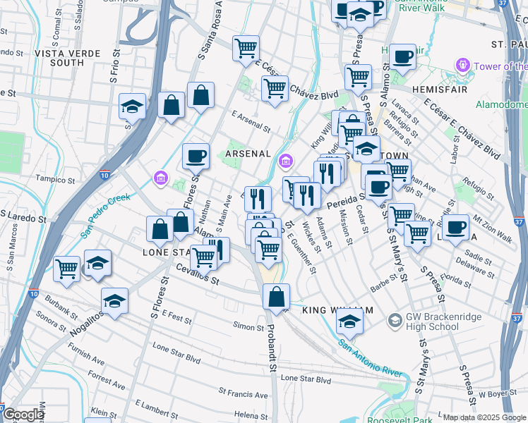 map of restaurants, bars, coffee shops, grocery stores, and more near 129 East Guenther Street in San Antonio
