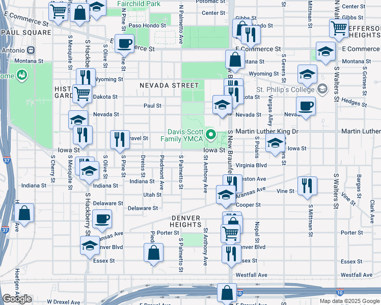 map of restaurants, bars, coffee shops, grocery stores, and more near 1118 Iowa Street in San Antonio