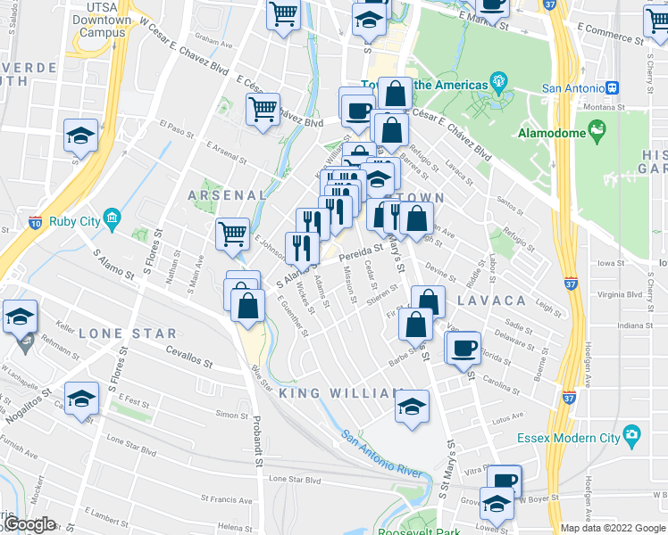 map of restaurants, bars, coffee shops, grocery stores, and more near 412 Pereida Street in San Antonio