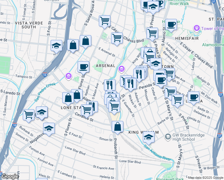 map of restaurants, bars, coffee shops, grocery stores, and more near 129 East Guenther Street in San Antonio