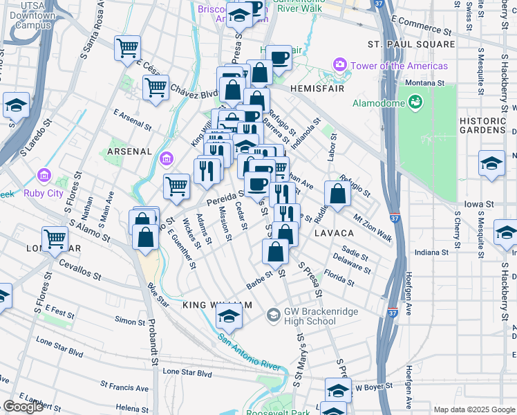map of restaurants, bars, coffee shops, grocery stores, and more near 1127 South Saint Mary's Street in San Antonio
