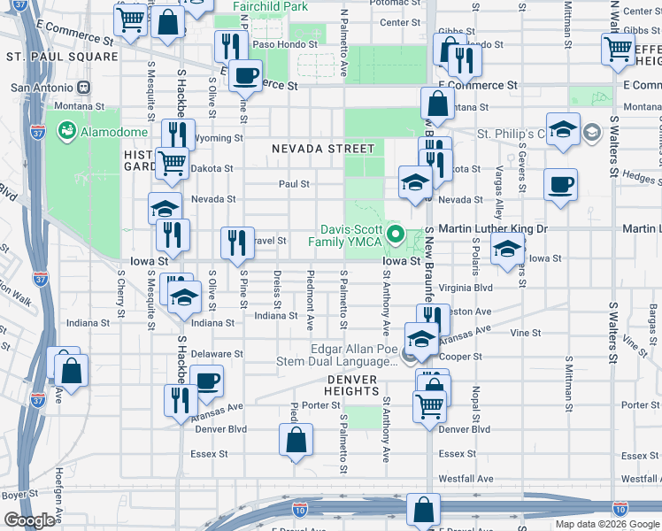 map of restaurants, bars, coffee shops, grocery stores, and more near 1020 Iowa Street in San Antonio