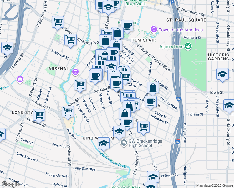 map of restaurants, bars, coffee shops, grocery stores, and more near 1127 South Saint Mary's Street in San Antonio