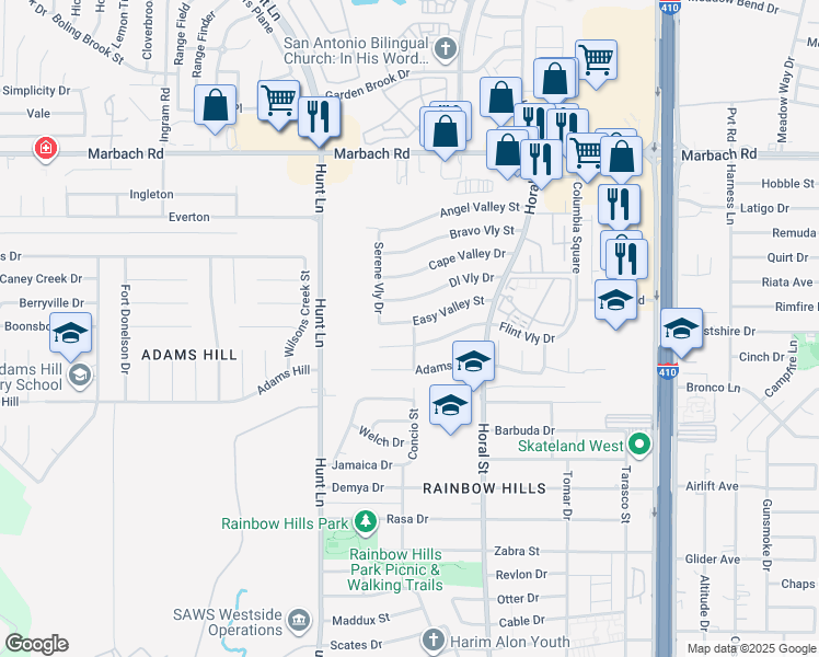 map of restaurants, bars, coffee shops, grocery stores, and more near 8802 Easy Valley Street in San Antonio