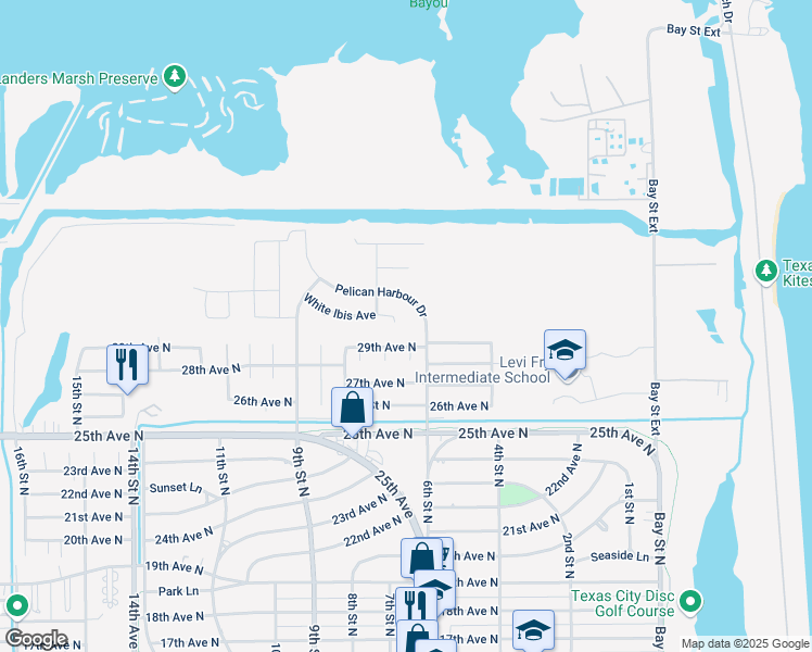 map of restaurants, bars, coffee shops, grocery stores, and more near 607 White Ibis Avenue in Texas City