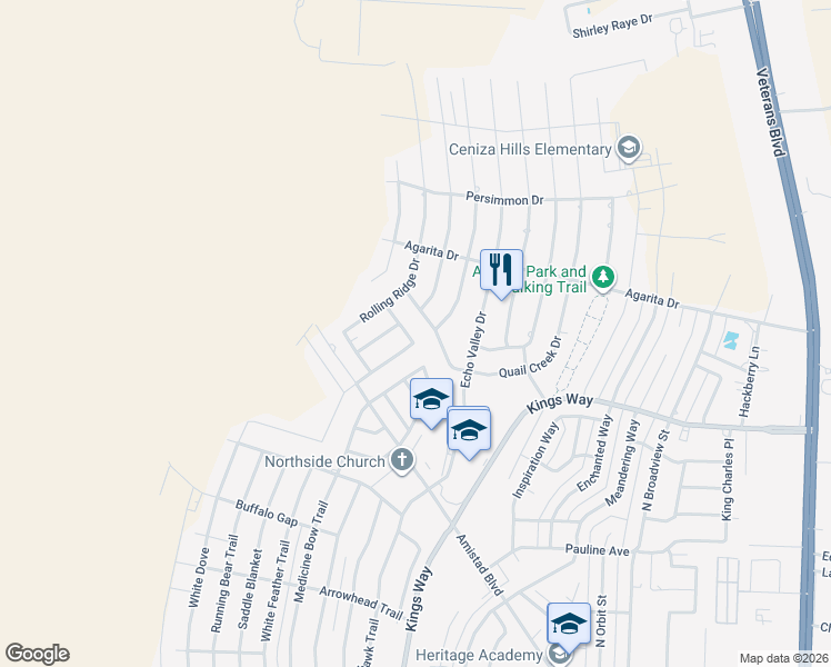 map of restaurants, bars, coffee shops, grocery stores, and more near 115 Covey Ridge Drive in Del Rio