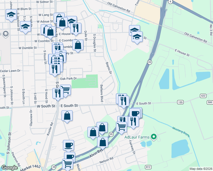 map of restaurants, bars, coffee shops, grocery stores, and more near 707 Briargrove Drive in Alvin
