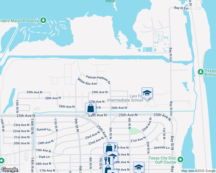map of restaurants, bars, coffee shops, grocery stores, and more near 607 White Ibis Avenue in Texas City