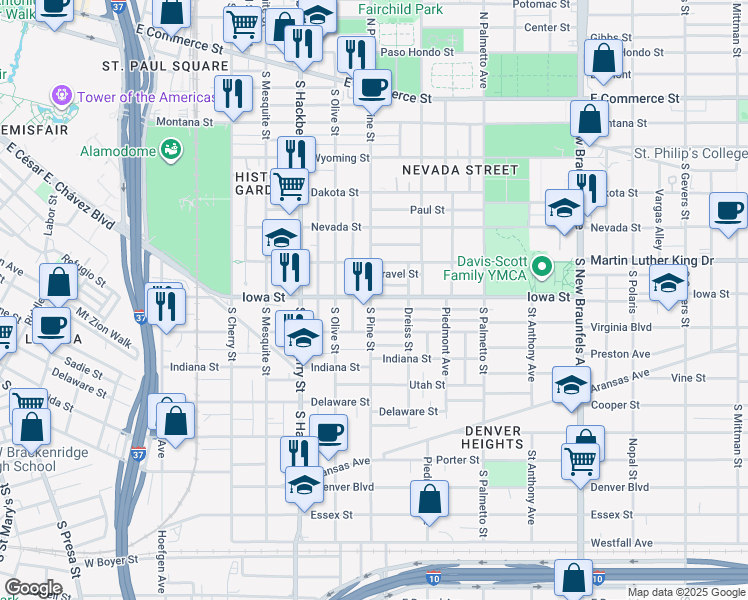 map of restaurants, bars, coffee shops, grocery stores, and more near 727 Iowa Street in San Antonio